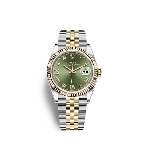 2024 Never Worn Rolex Datejust 36mm - Ref: 126233-0025 - Green Roman Diamond Dial, Two Tone Stainless Steel & 18K Yellow Gold Jubilee Bracelet Watch