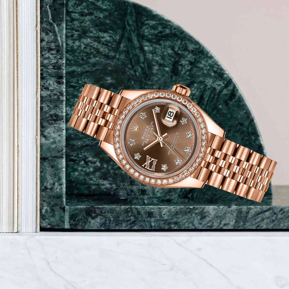 2024 Never Worn Rolex Lady Datejust 28mm - Ref: 279135rbr-0002 - Chocolate Dial, 18K Rose Gold Jubilee Bracelet Women's Watch