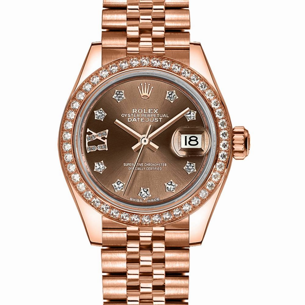 2024 Never Worn Rolex Lady Datejust 28mm - Ref: 279135rbr-0002 - Chocolate Dial, 18K Rose Gold Jubilee Bracelet Women's Watch