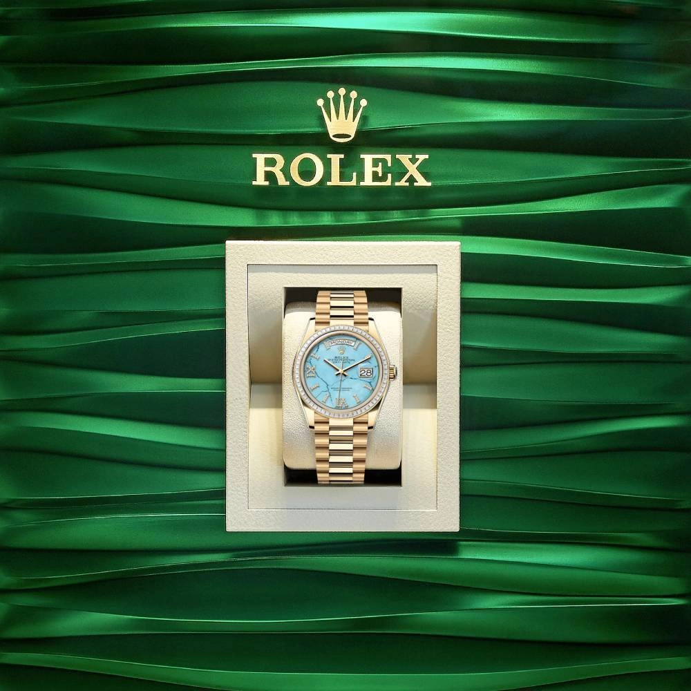 2024 Release Rolex Day-Date 36 mm | 18k yellow gold President bracelet | Bright green dial Diamond bezel | Men's Watch 128398TBR