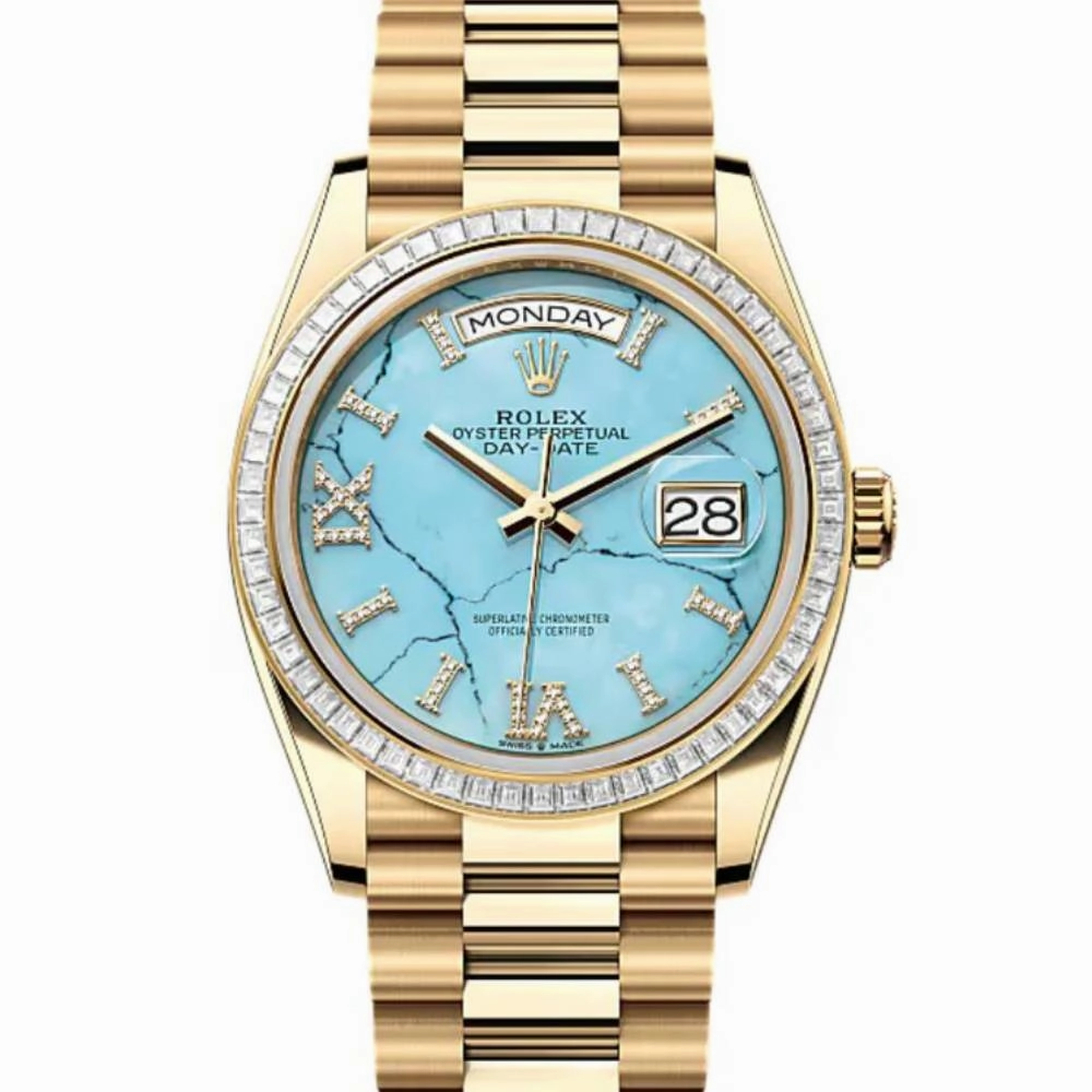 2024 Release Rolex Day-Date 36 mm | 18k yellow gold President bracelet | Bright green dial Diamond bezel | Men's Watch 128398TBR
