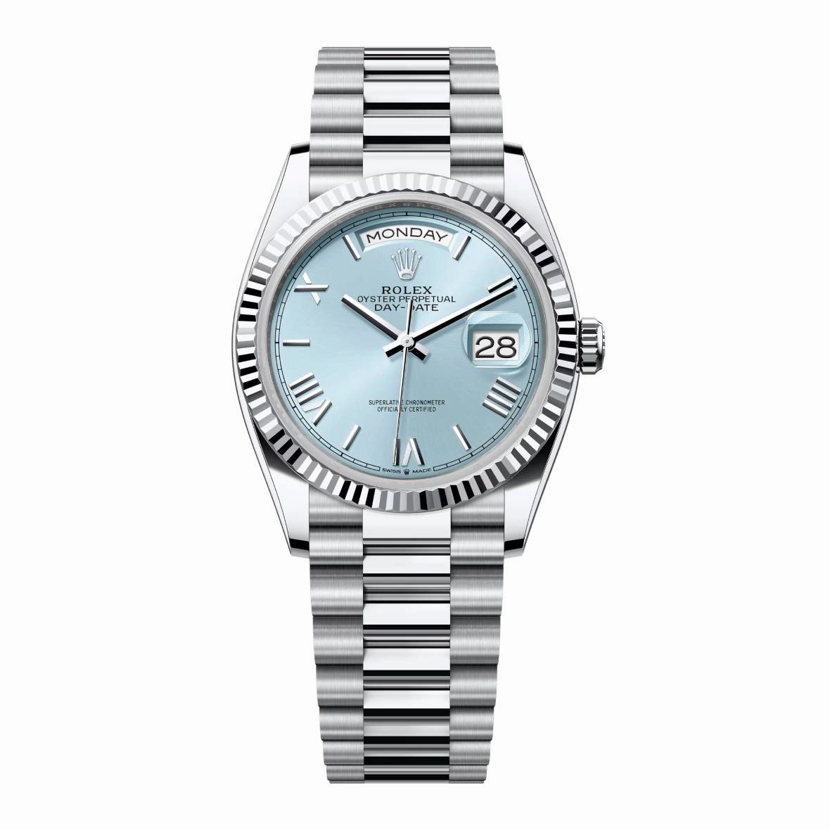 2024 Release Rolex Day-Date 36 mm | Platinum President bracelet | Ice blue dial Fluted bezel | Men's Watch 128236