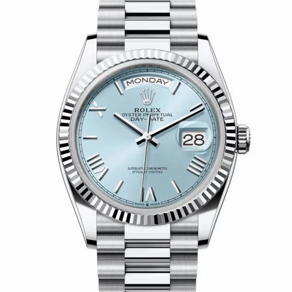 2024 Release Rolex Day-Date 36 mm | Platinum President bracelet | Ice blue dial Fluted bezel | Men's Watch 128236