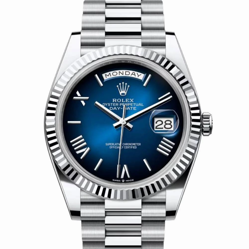 2024 Release Rolex Day-Date 40 mm | Platinum President bracelet | Blue ombr dial Fluted bezel | Men's Watch 228236
