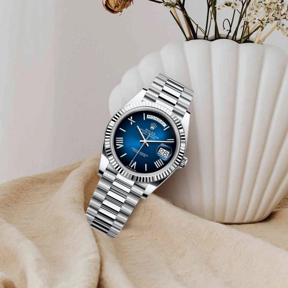 2024 Release Rolex Day-Date 40 mm | Platinum President bracelet | Blue ombr dial Fluted bezel | Men's Watch 228236