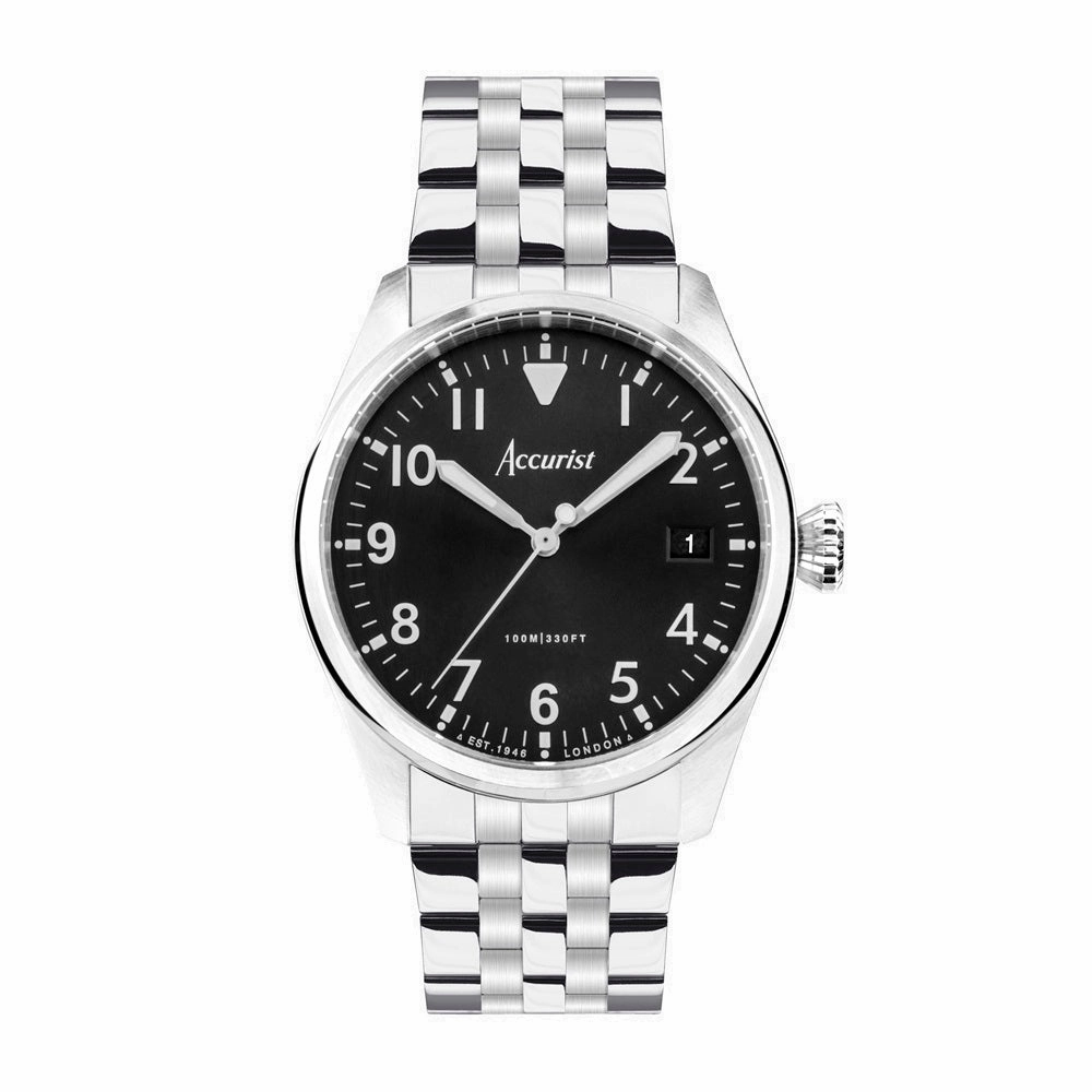 Accurist Aviation Mens Watch 76000 Stainless Steel with Black Dial