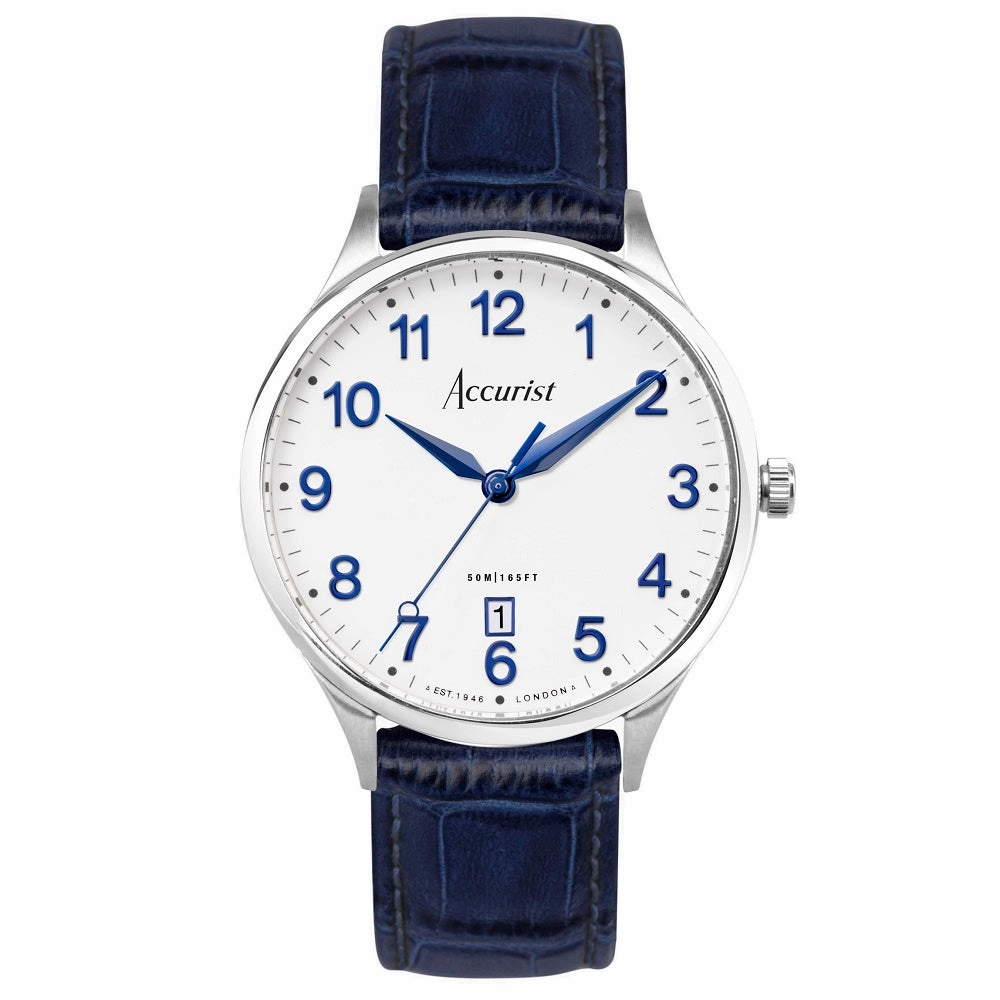 Accurist Classic Mens Blue Leather Strap Watch White Dial 73000