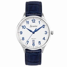 Accurist Classic Mens Blue Leather Strap Watch White Dial 73000