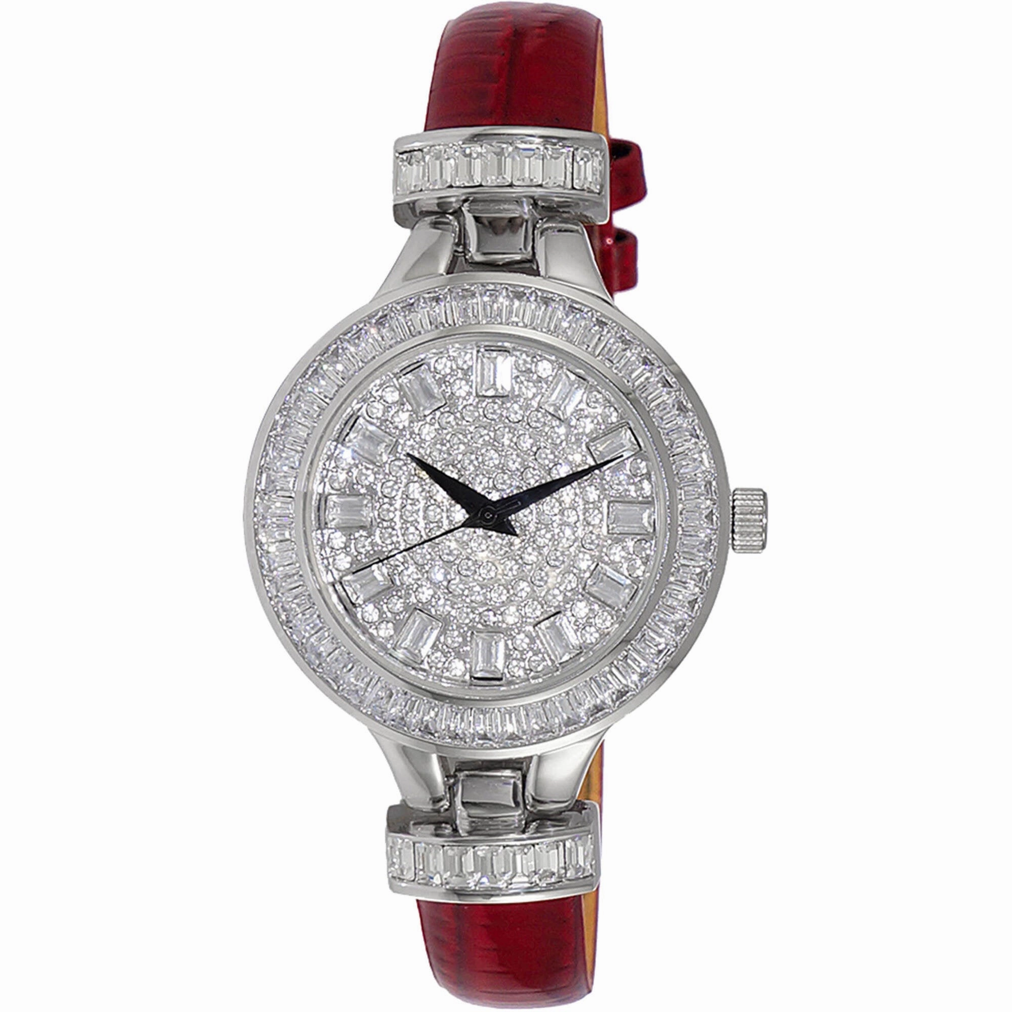 Adee Kaye Women's Watch - Gems Quartz Silver Dial Red Leather Strap | AK2522-LRD