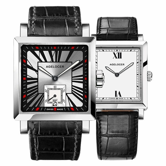Agelocer Couple Watches for Men Women Square Quartz Watches Genuine Leather Band Waterproof Watches 3301-3401
