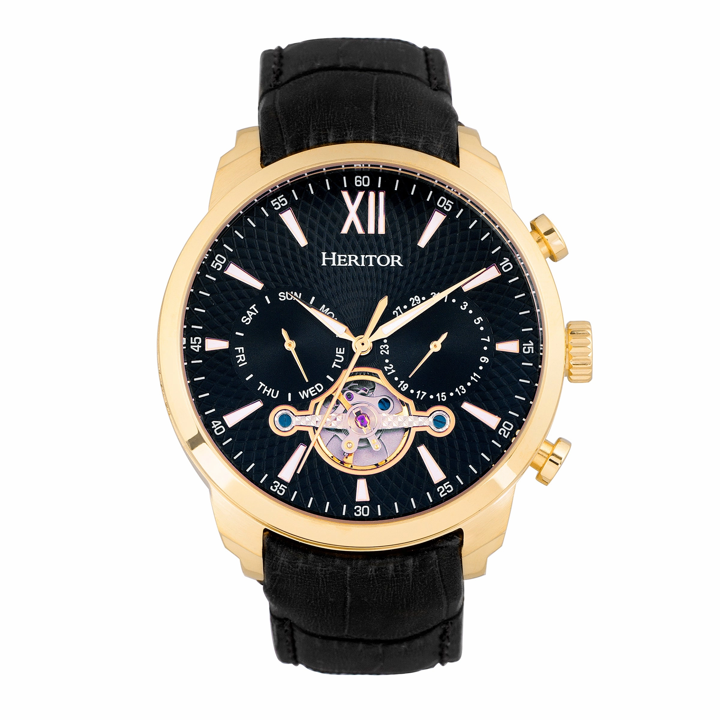 Arthur Semi-Skeleton Leather-Band Watch with Day & Date
