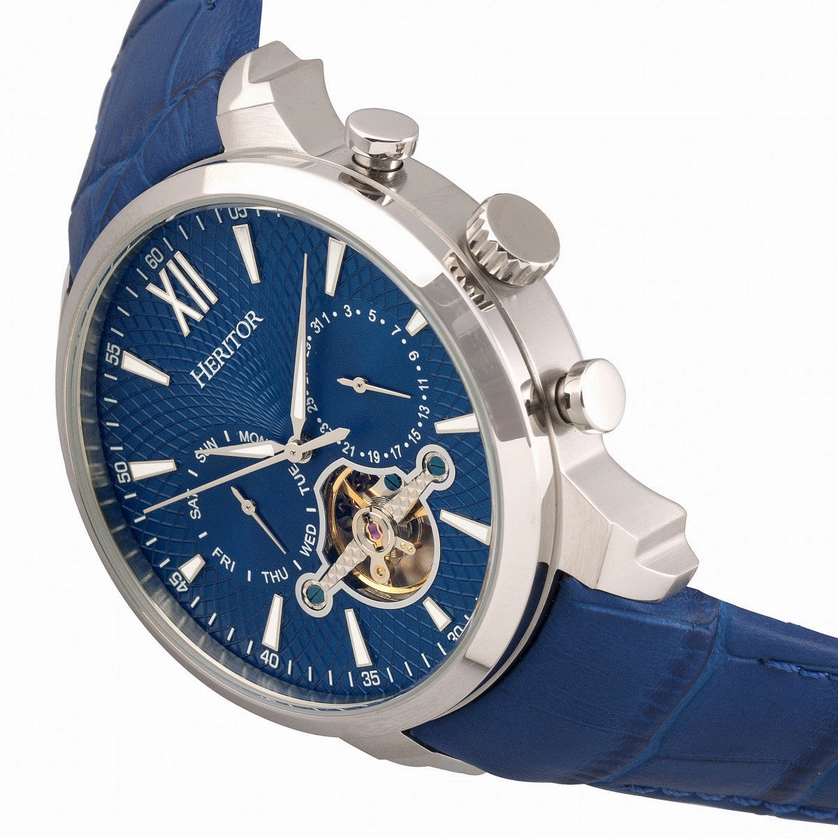 Arthur Semi-Skeleton Leather-Band Watch with Day & Date