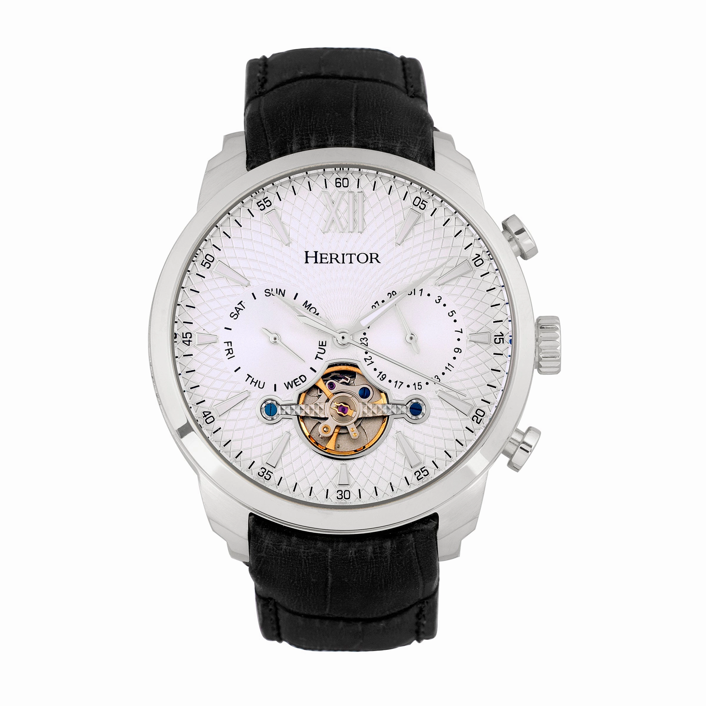 Arthur Semi-Skeleton Leather-Band Watch with Day & Date