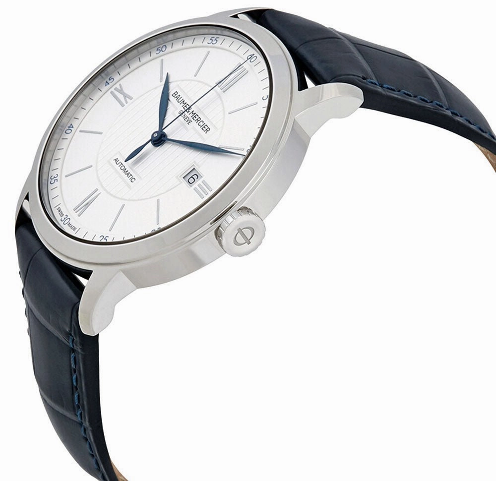 Baume & Mercier Classima Automatic Silver-Tone Dial Blue Leather Strap Date Mens Watch MOA10333