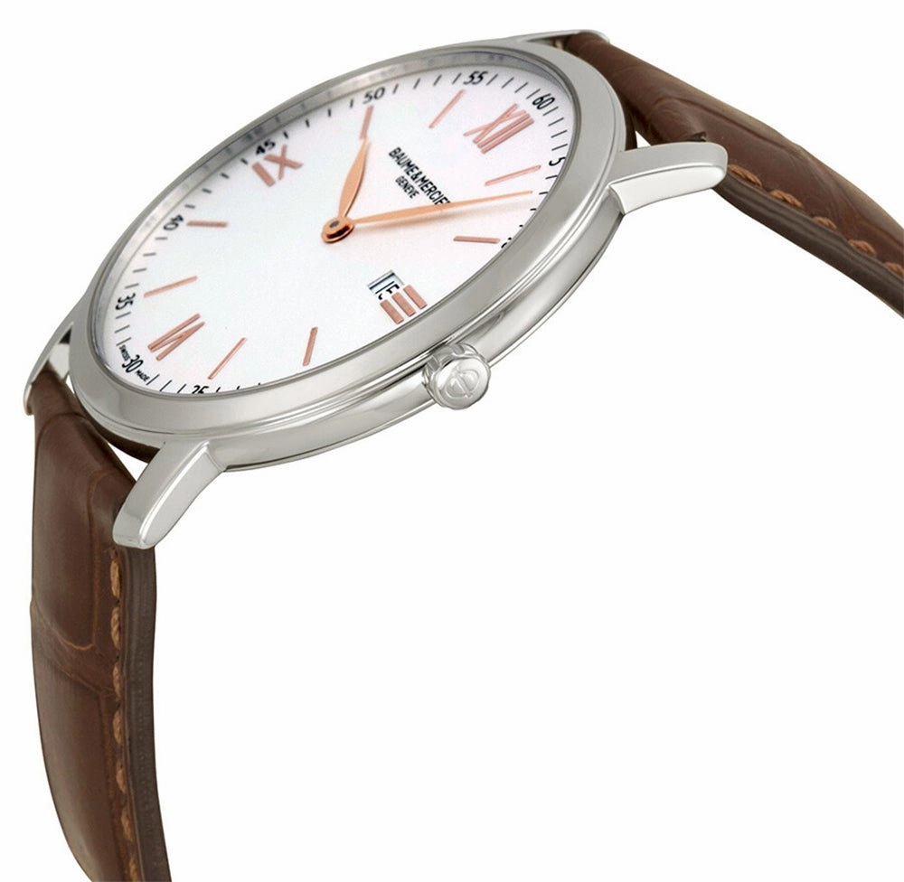 Baume & Mercier Classima Stainless Steel Silver Dial Brown Leather Strap Date Quartz Mens Watch M0A10128
