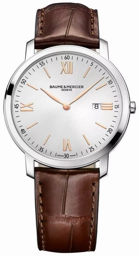 Baume & Mercier Classima Stainless Steel Silver Dial Brown Leather Strap Date Quartz Mens Watch M0A10128