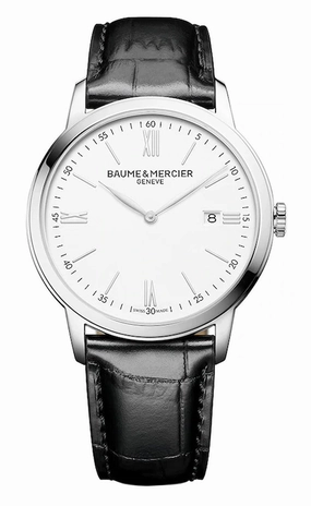 Baume & Mercier Classima White Dial Black Leather Strap Date Quartz Mens Watch M0A10414