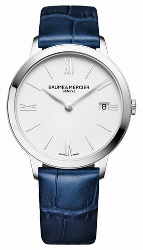 Baume & Mercier Classima White Dial Blue Leather Strap Date Quartz Womens Watch M0A10355
