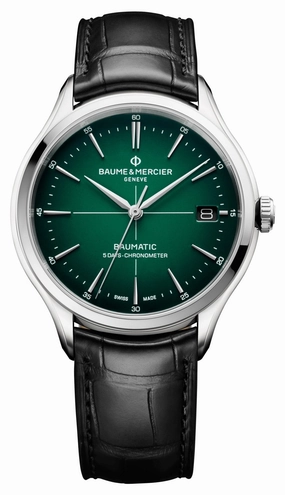 Baume & Mercier Clifton Baumatic COSC Automatic Stainless Steel Green Dial Black Leather Strap Date Mens Watch M0A10592
