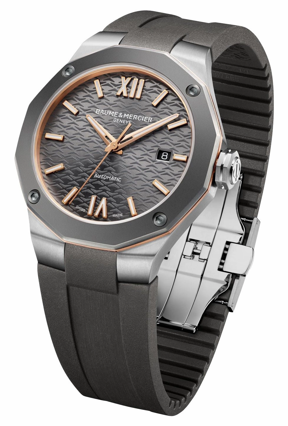 Baume & Mercier Riviera Automatic Stainless Steel & Titanium Gray Dial Gray Rubber Strap Date Mens Watch M0A10660