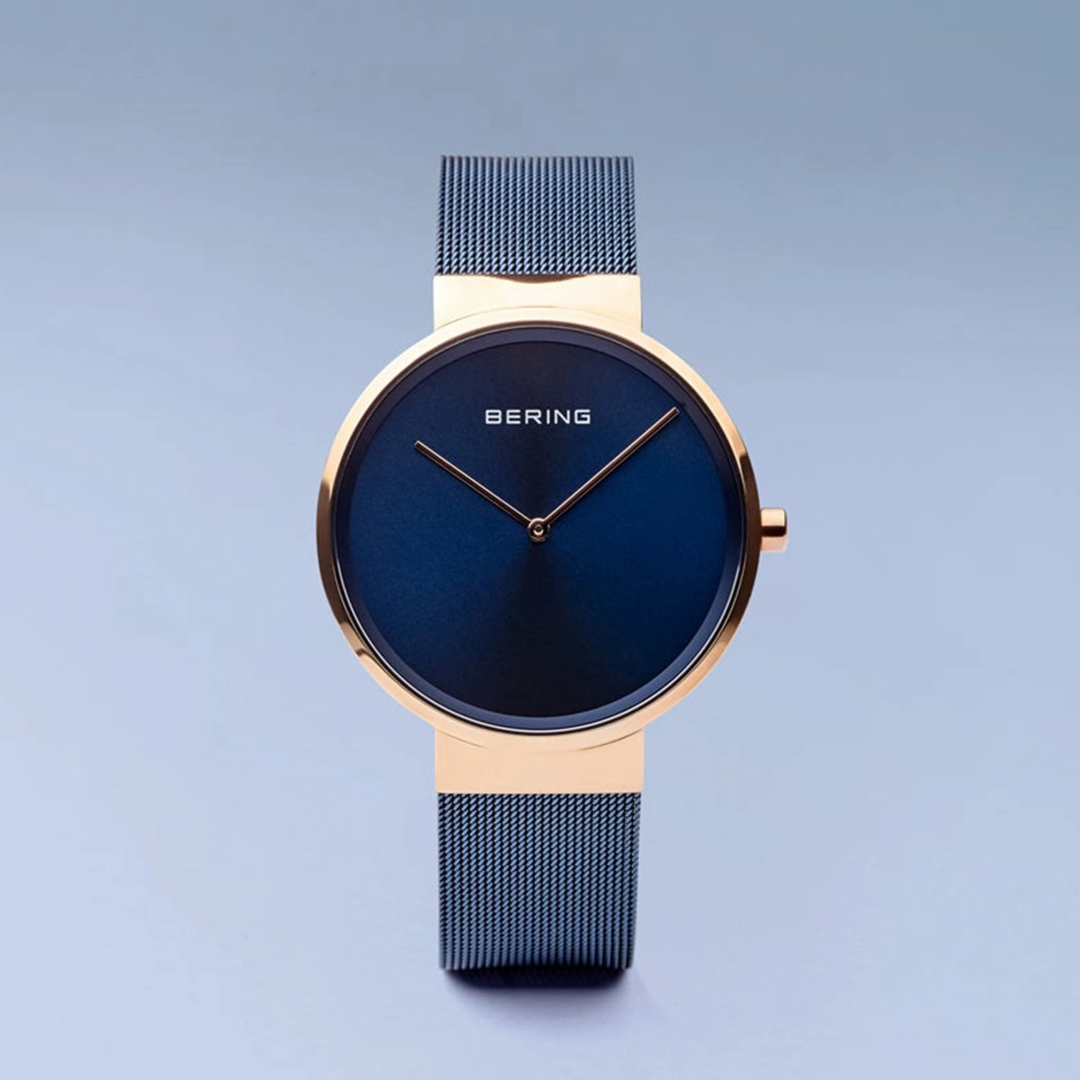 Bering Classic Polished Rose Gold 39mm Blue Mesh Watch