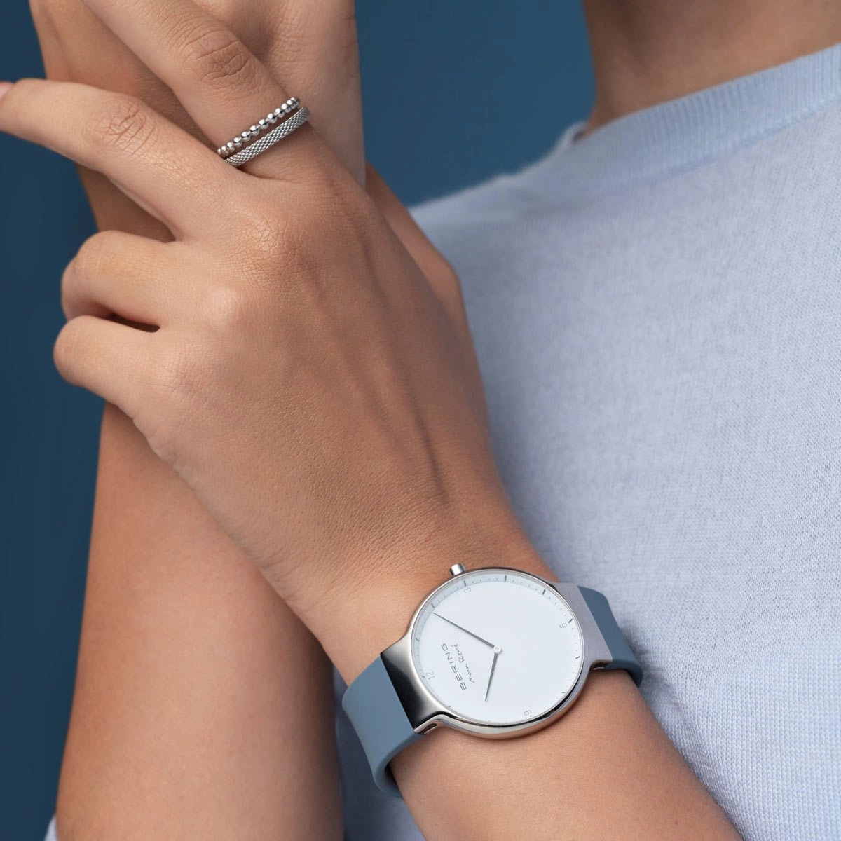 Bering Max Ren Polished Silver Blue Silicone Watch