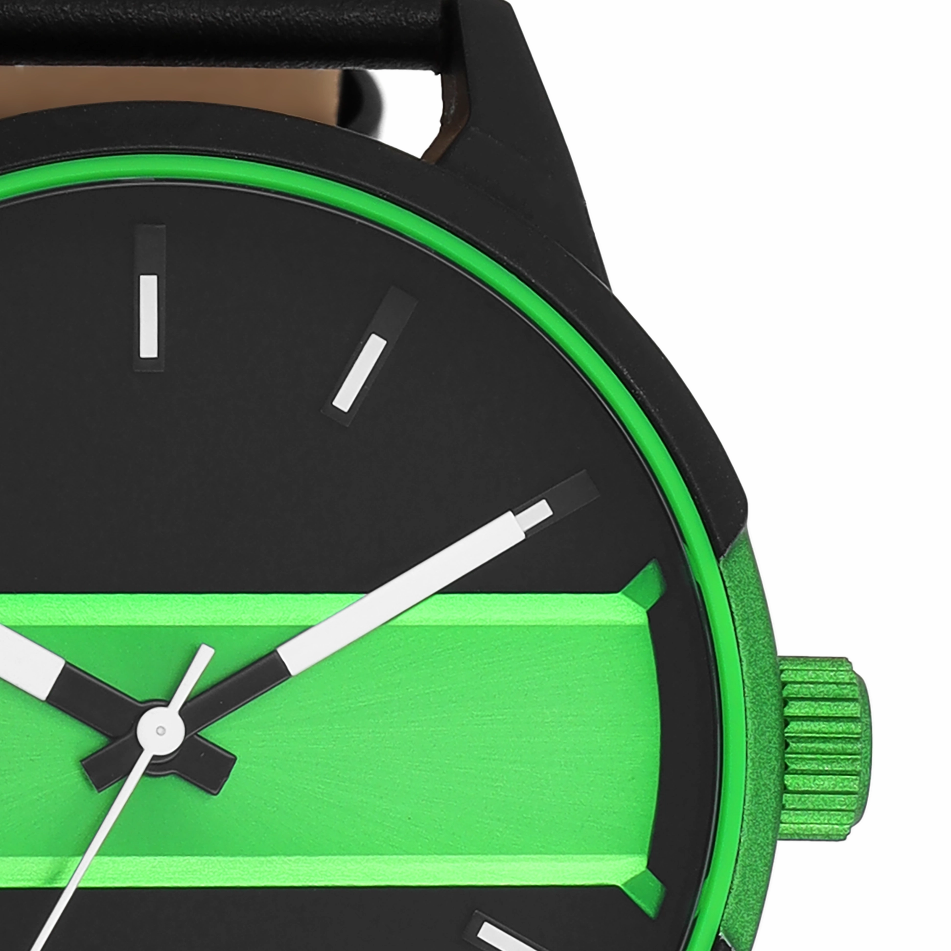 Black/fluo green OOZOO watch with black leather strap - C11234