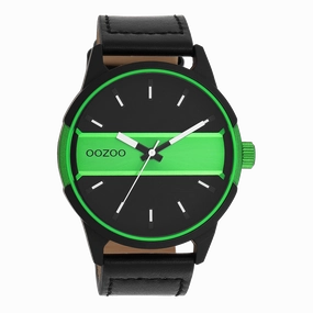 Black/fluo green OOZOO watch with black leather strap - C11234