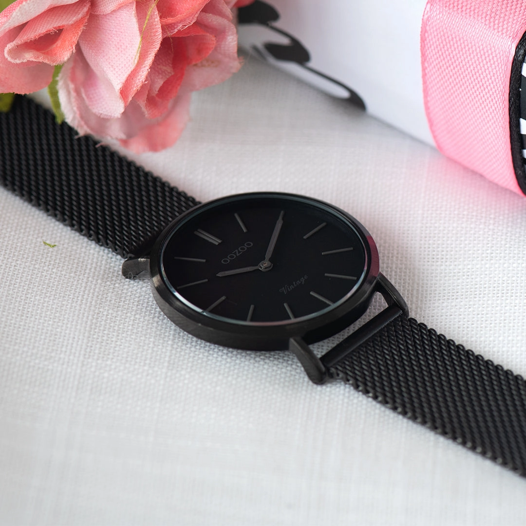 Black OOZOO watch with black metal mesh bracelet - C9935