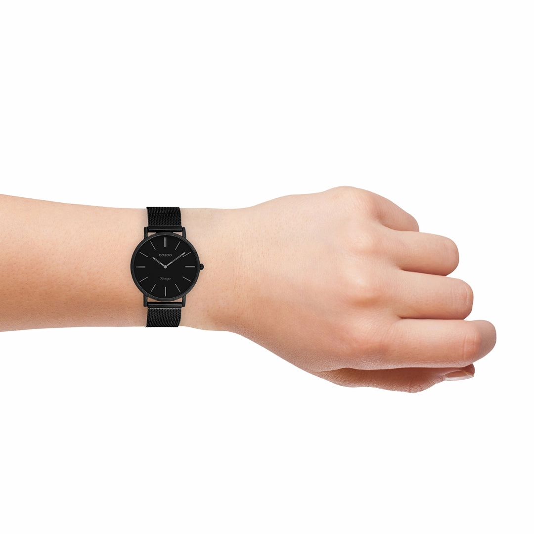 Black OOZOO watch with black metal mesh bracelet - C9935