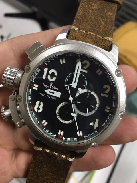 Brand New Automatic Mechanical Men's U CHRONOMETER U1001 Watch U-51 Chimera Silver Aged Brown Cow Leather Boat Watch Black Gold