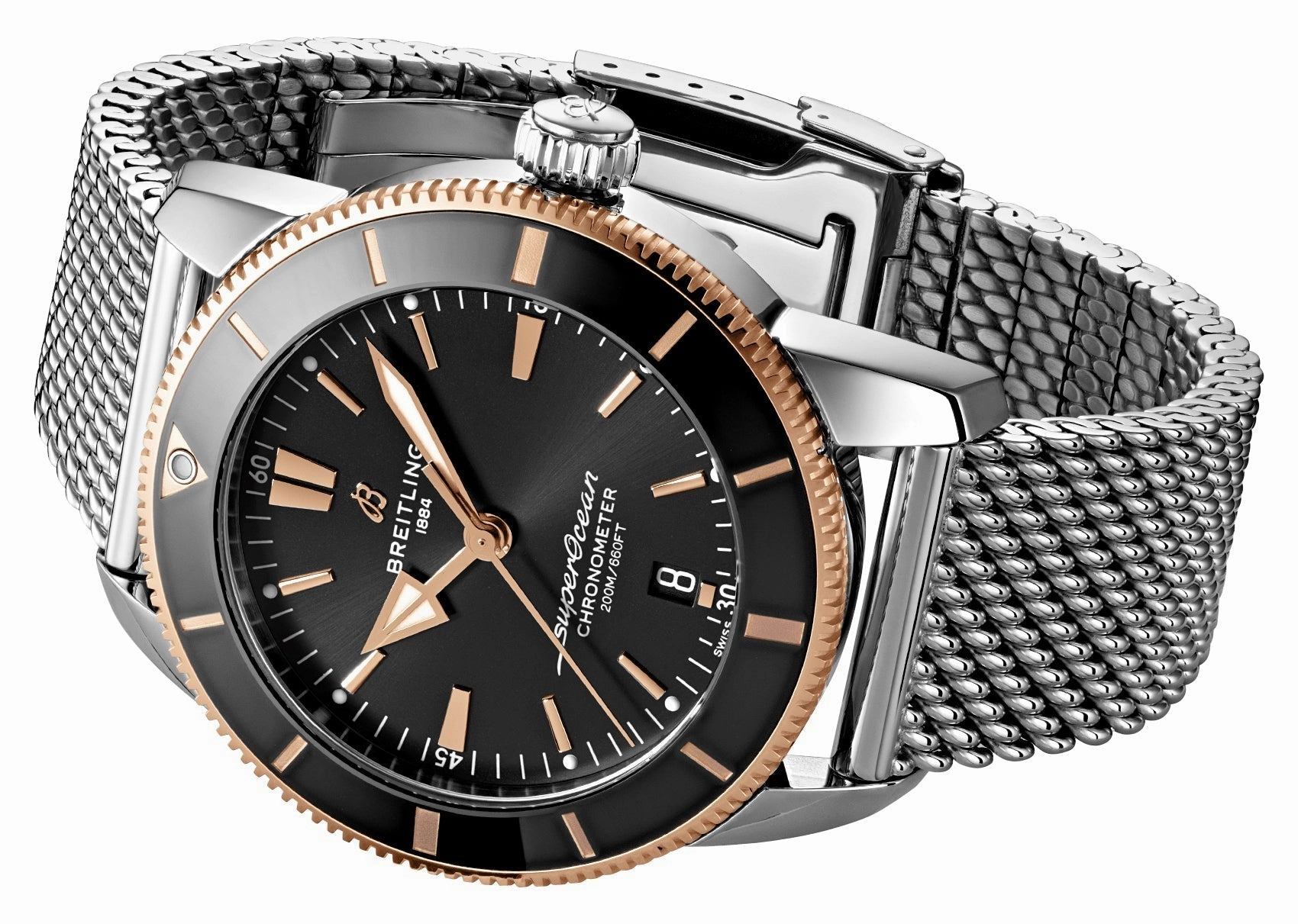 Breitling Superocean Heritage Automatic Chronometer Stainless Steel & 18k Rose Gold Black Dial Date Divers Mens Watch UB2030121B1A1