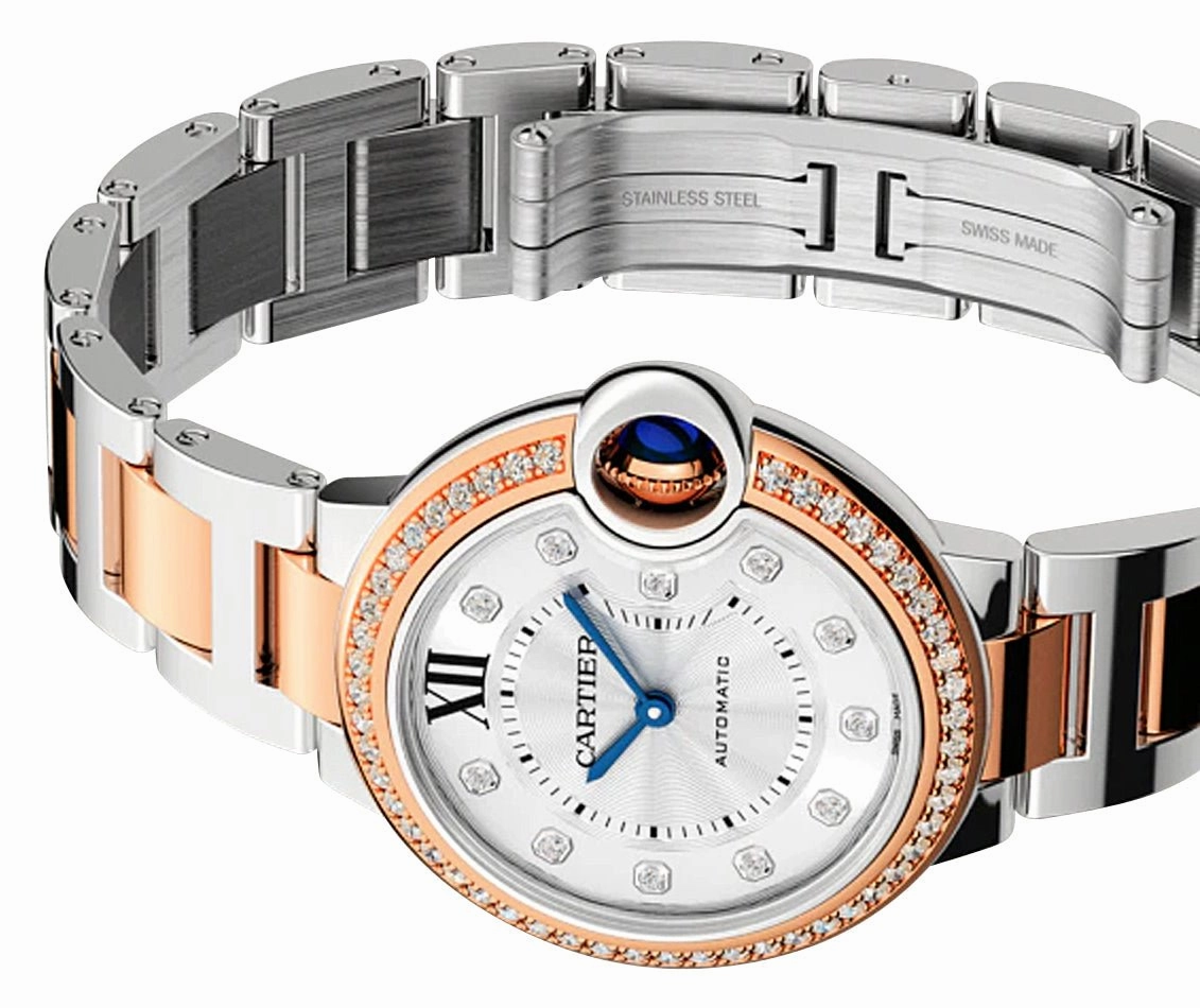Cartier Ballon Bleu Automatic Stainless Steel & Rose Gold Silver-Tone Dial Diamonds Womens Watch WE902077