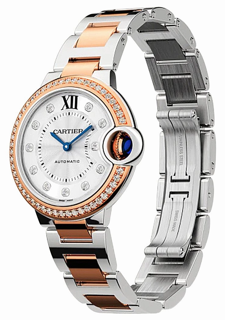 Cartier Ballon Bleu Automatic Stainless Steel & Rose Gold Silver-Tone Dial Diamonds Womens Watch WE902077