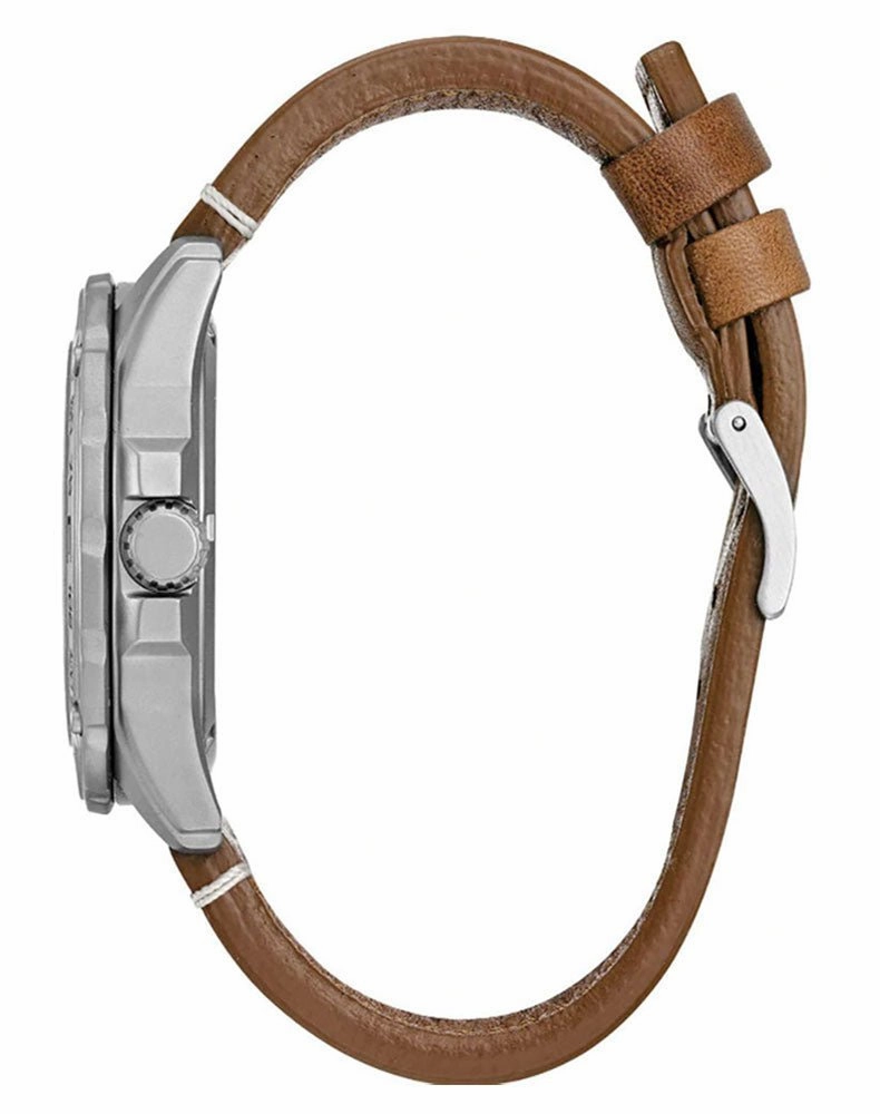 Citizen Matte Stainless Steel Cream Dial Tan Leather Strap Quartz Eco-Drive Date Mens Watch AW7040-02A