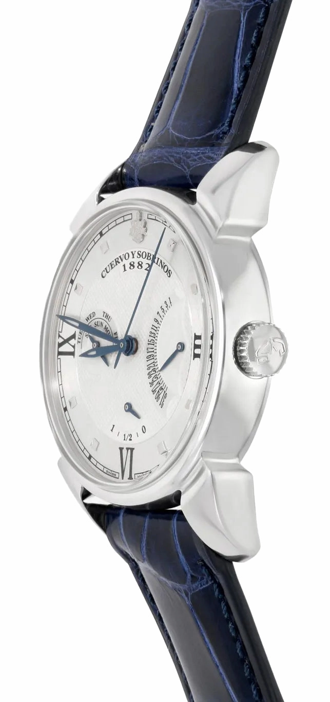 Cuervo y Sobrinos Historiador Retrogrado Automatic Stainless Steel Silver Dial Blue Leather Strap Day/Date Power Reserve Mens Watch 3194.1A