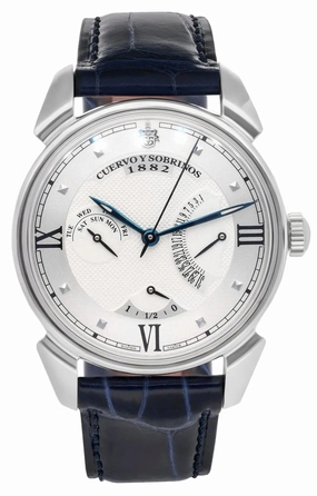 Cuervo y Sobrinos Historiador Retrogrado Automatic Stainless Steel Silver Dial Blue Leather Strap Day/Date Power Reserve Mens Watch 3194.1A