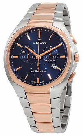 Edox Les Bemonts Chronograph Ultra Slim Two-Tone Stainless Steel Blue Dial Date Quartz Mens Watch 10239-357R-BUIR