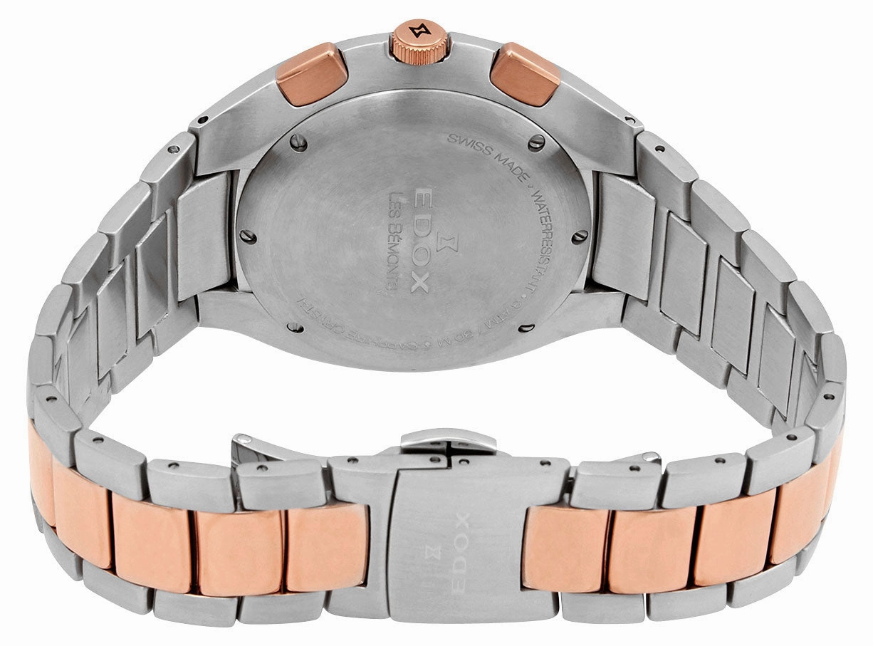 Edox Les Bemonts Chronograph Ultra Slim Two-Tone Stainless Steel Blue Dial Date Quartz Mens Watch 10239-357R-BUIR