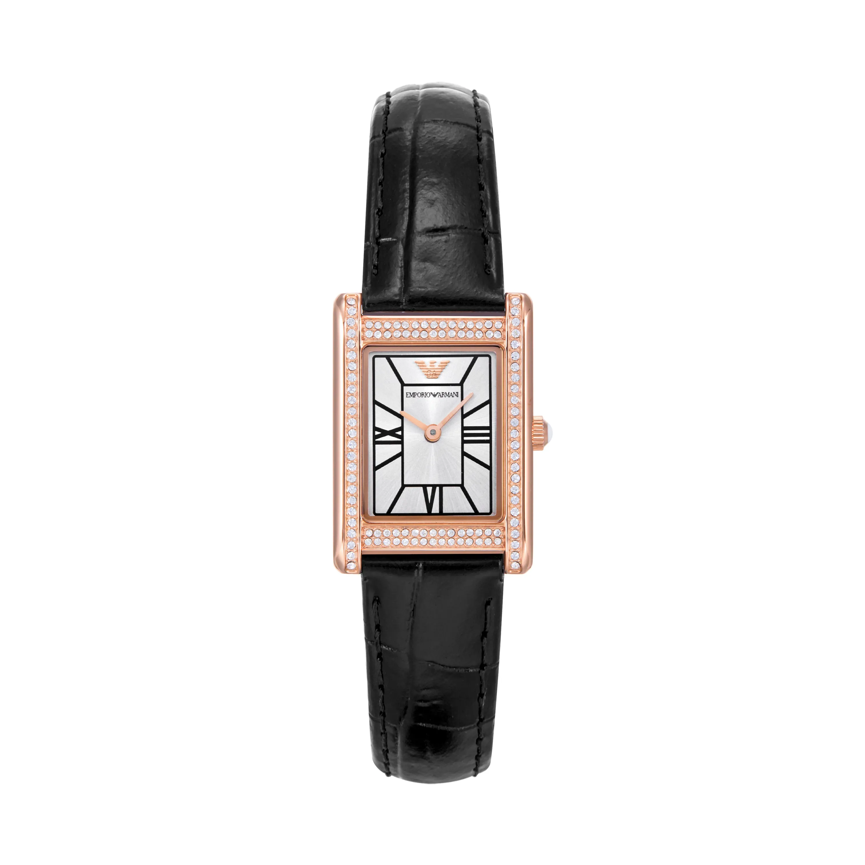 Emporio Armani Two-Hand Silver Dial Black Leather Strap Watch AR11624