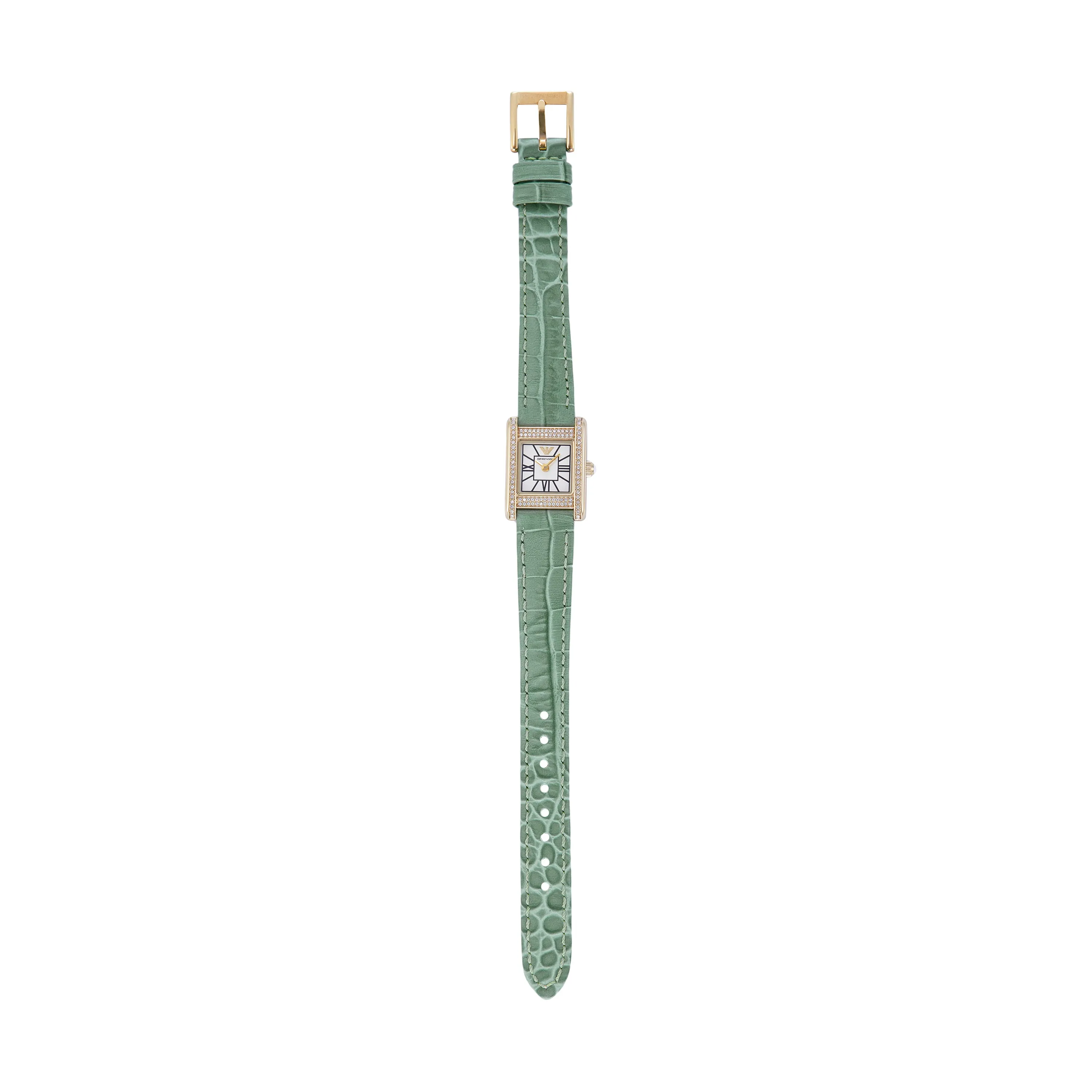 Emporio Armani Two-Hand White Dial Green Leather Strap Watch AR11661