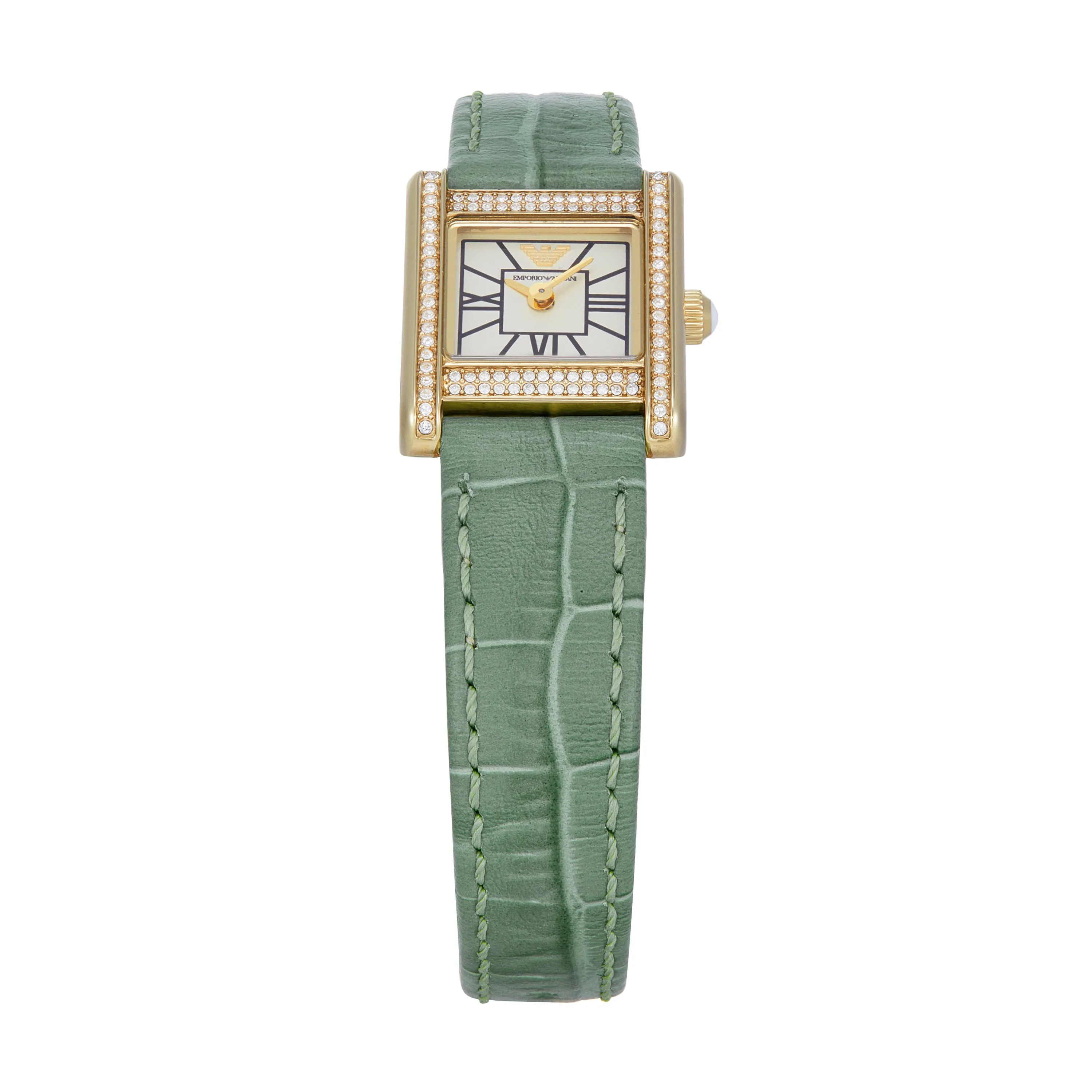 Emporio Armani Two-Hand White Dial Green Leather Strap Watch AR11661
