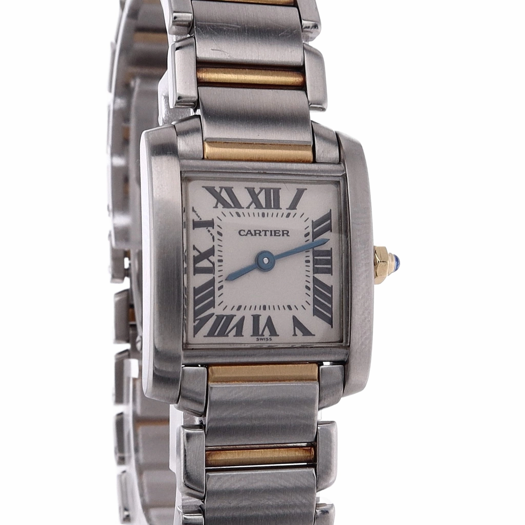 Estate Cartier Stainless Steel and 18 Karat Yellow Gold Ladies Tank Francaise White Roman Dial 2300 With Box