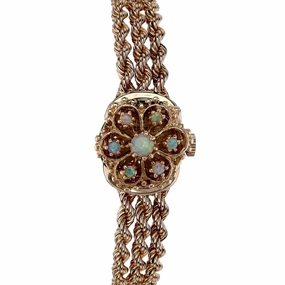 Estate Geneve 14k Yellow Gold Triple Rope Chain Bracelet Textured Gold Dial Opal Cover Watch