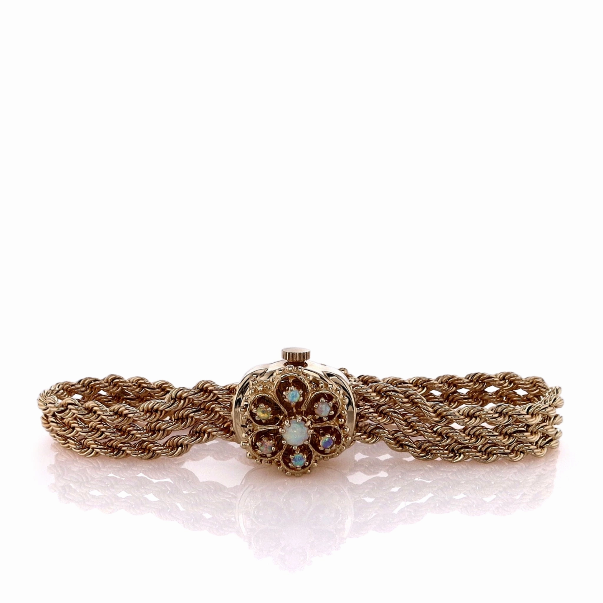 Estate Geneve 14k Yellow Gold Triple Rope Chain Bracelet Textured Gold Dial Opal Cover Watch