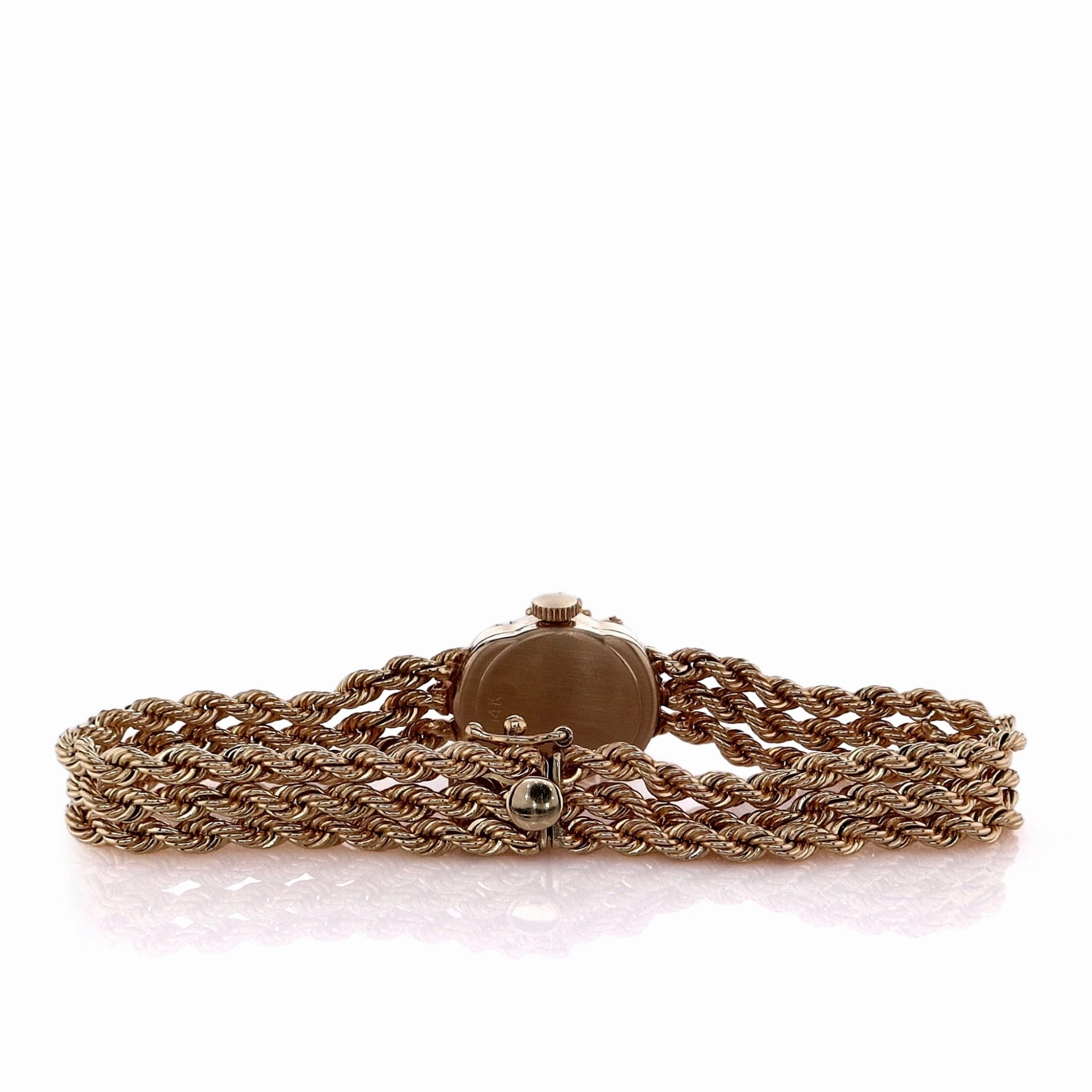 Estate Geneve 14k Yellow Gold Triple Rope Chain Bracelet Textured Gold Dial Opal Cover Watch