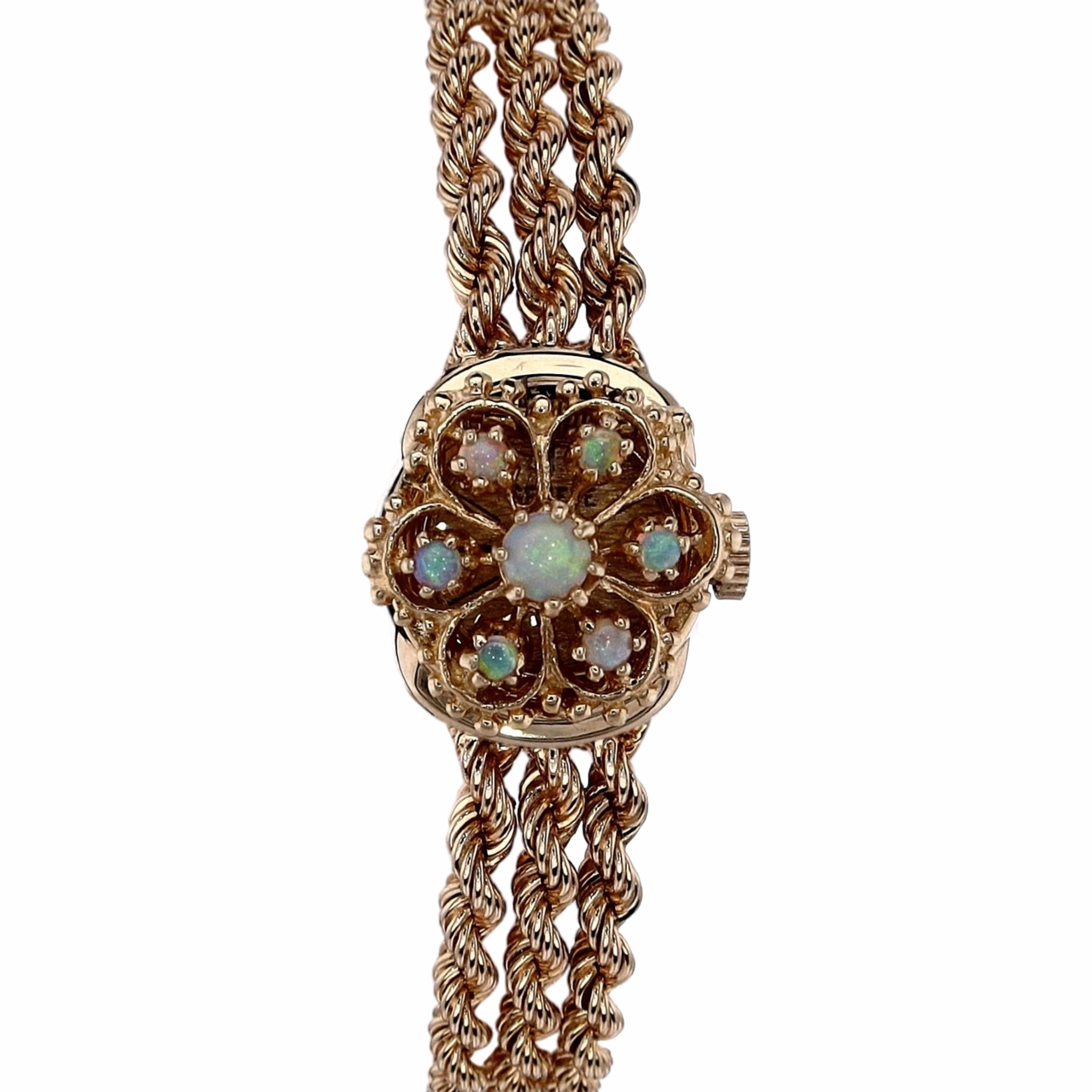 Estate Geneve 14k Yellow Gold Triple Rope Chain Bracelet Textured Gold Dial Opal Cover Watch