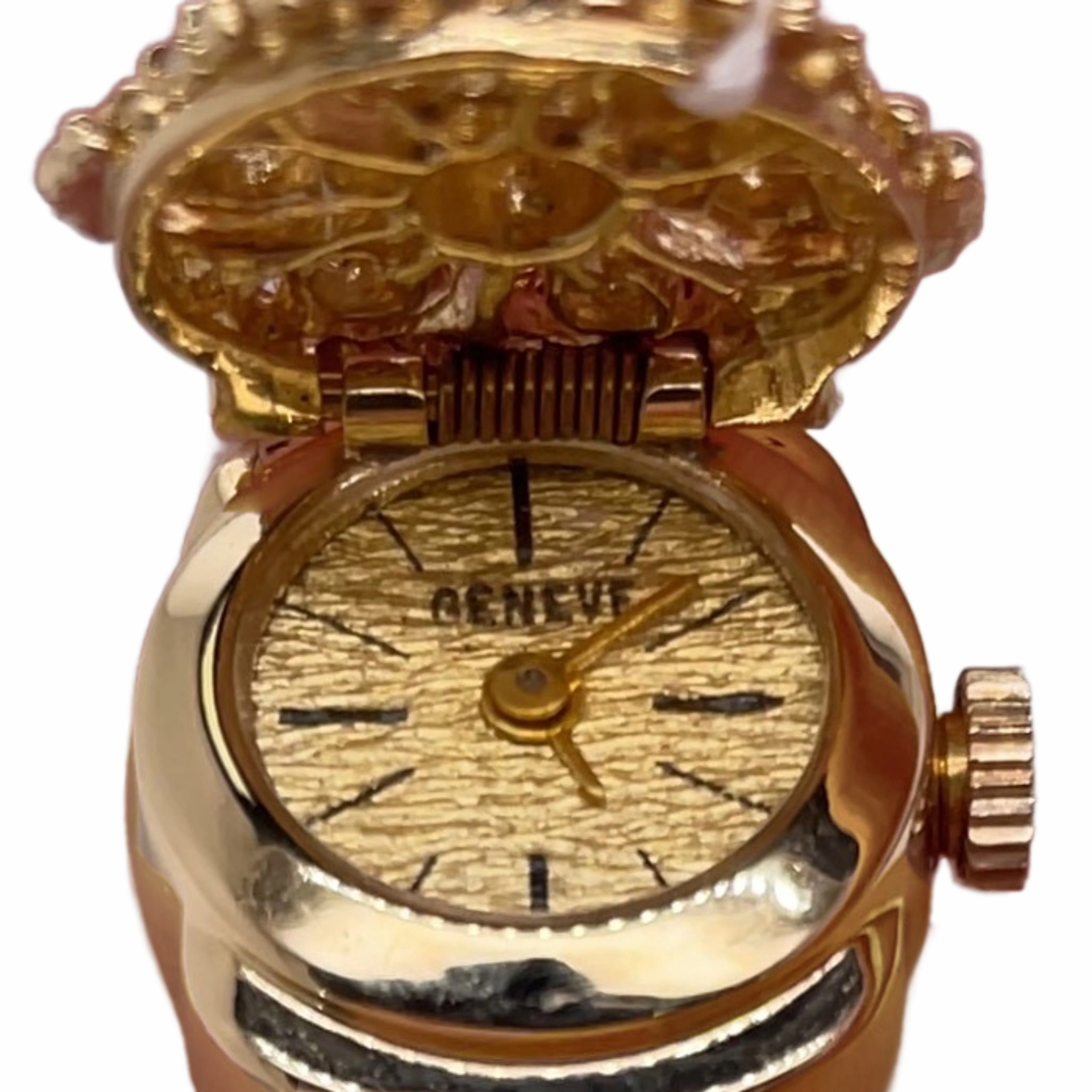 Estate Geneve 14k Yellow Gold Triple Rope Chain Bracelet Textured Gold Dial Opal Cover Watch