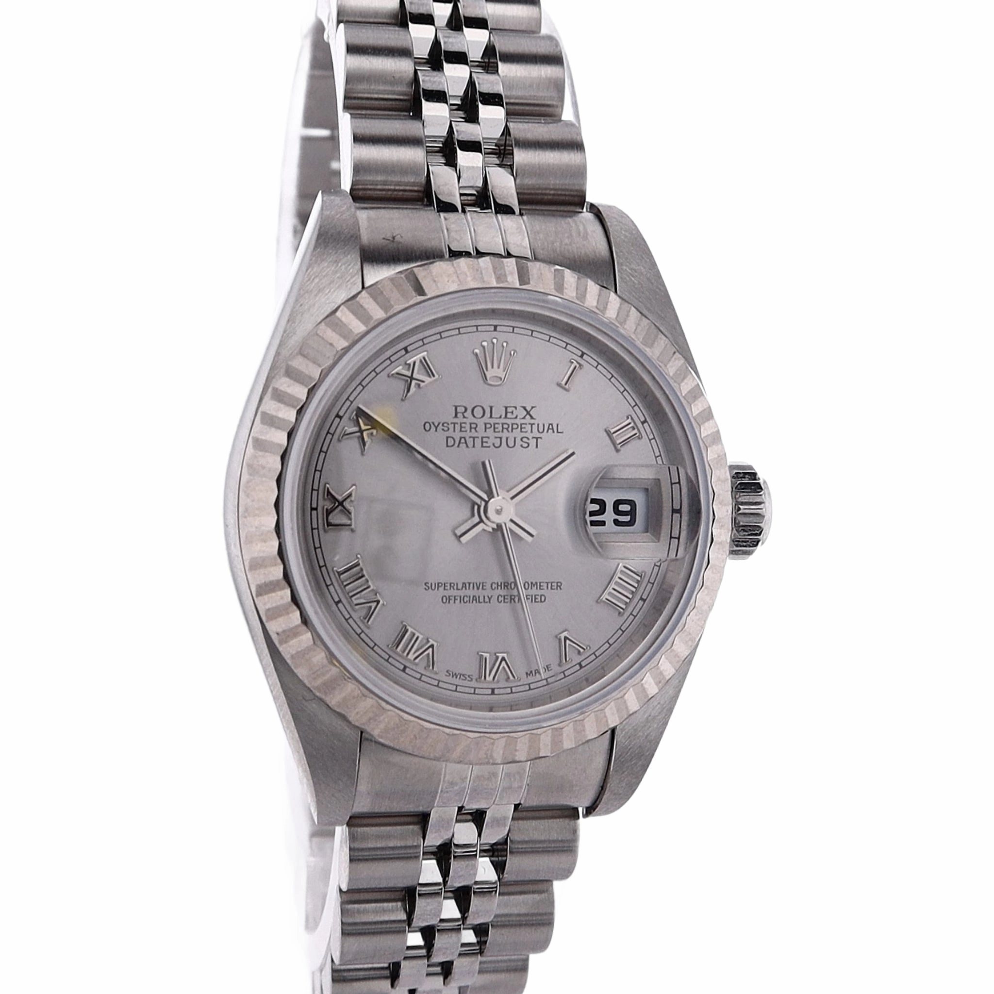 Estate Rolex Stainless Steel And 18 Karat White Gold OPDJ Rhodium Roman Dial 79174 W/Box & Papers C.2004