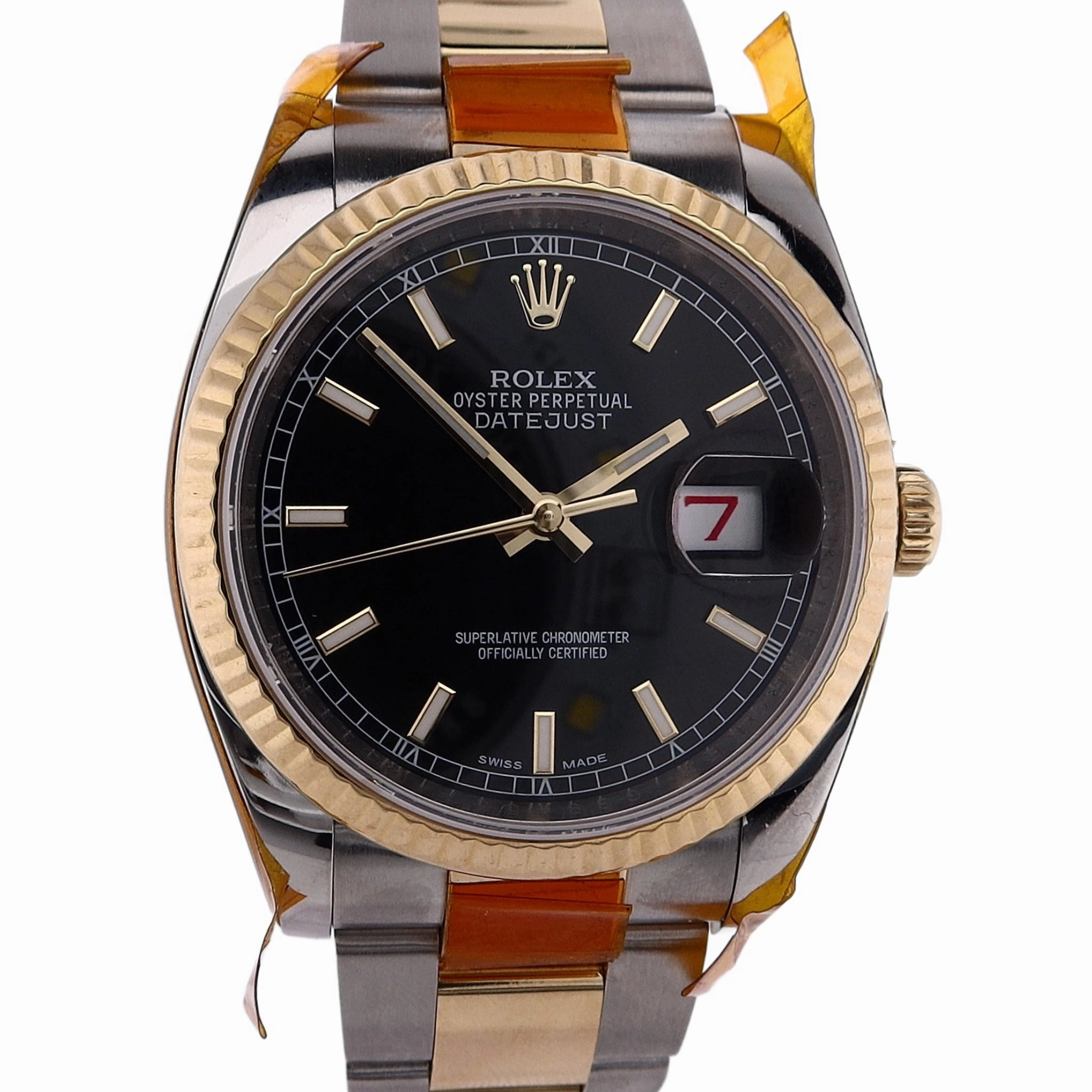 Estate Rolex Stainless Steel and 18 Karat Yellow Gold Gents Oyster Perpetual Date Just Black Index Dial Oyster Bracelet 116233 C.2010